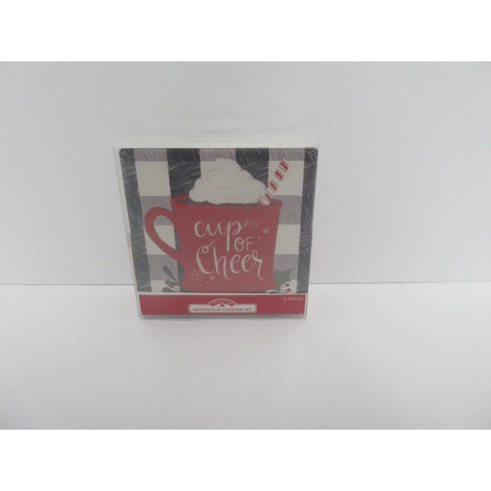 Holiday Time Coasters Christmas Red Pickup Truck & Plaid Cocoa Square Set of 4
